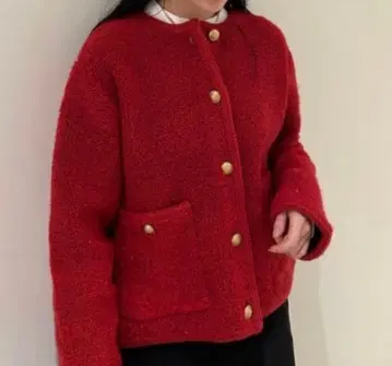 Mila Owen 금장 버튼 노카라 컴팩트 라메 니트 자켓 0 레드