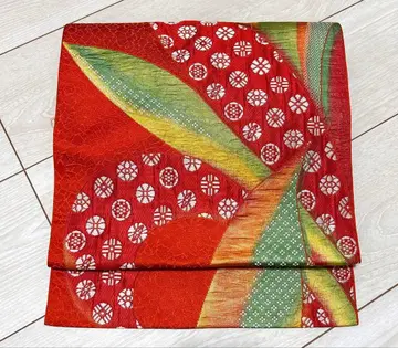 나고야 오비 빨간색 그린 잎 무늬