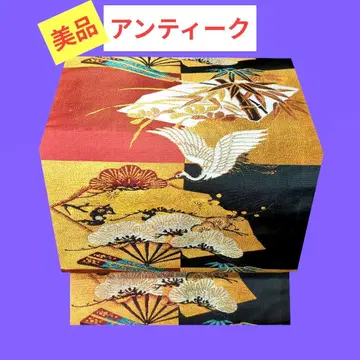 854 새상품급 앤티크 나고야 오비 부채에 대나무, 소나무, 학 문양