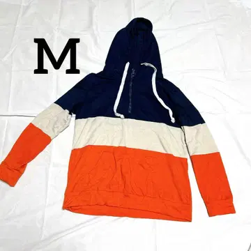 [ M ] 네이비 오렌지 베이지 후드티 상의 구제 의류 긴팔