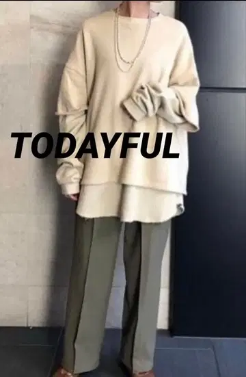 투데이풀 레이어드 코튼 맨투맨 풀오버 베이지 긴팔