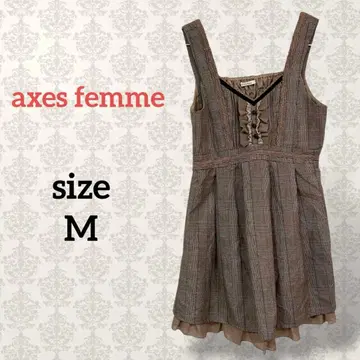 엑시즈팜 [ M ] 체크 무늬 오버롤 스커트 페미닌 캐주얼 브라운