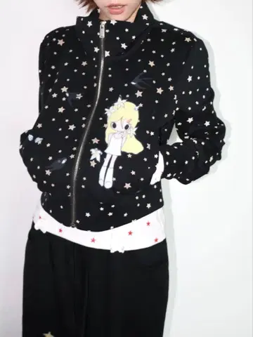 y2k 헤이세이 갸루 블랙 도트 무늬 티셔츠 00s 별 패턴 집업 자켓