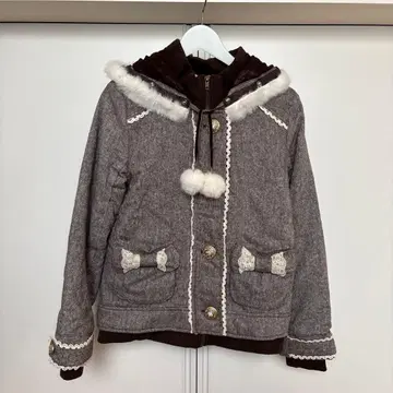 LIZLISA 블루종 포켓에 리본 레이스 모자 꽁지 후드 퍼