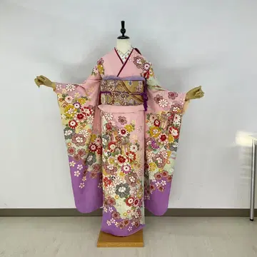 후리소데 풀세트 7세트 핑크 x 보라색 톨 사이즈 순수 실크 새상품급