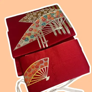 붉은 부채 자수 오비