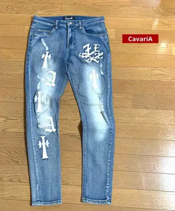 CavariA PU 와펜 부착 데미지 스키니 데님 L