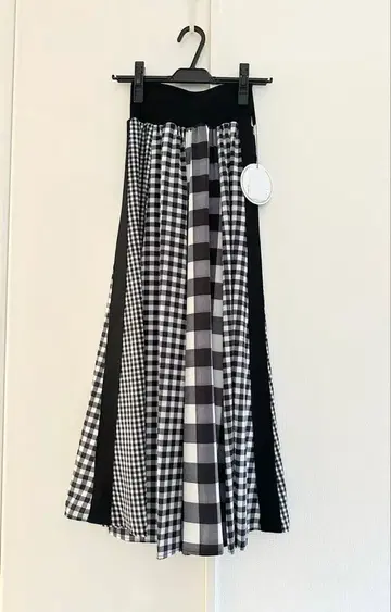 [ MONiLE ] 모니레 조젯 체크 조합 롱 스커트 블랙