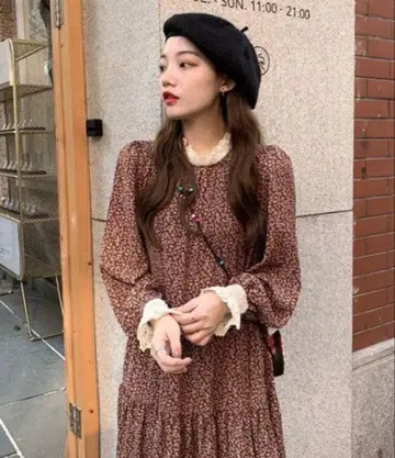 [ i-dare ] 미니 꽃무늬 옷깃 레이스 티어드 원피스 브라운