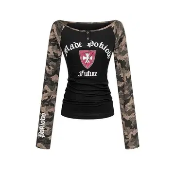 y2k 헤이세이 갸루 카모 패턴 긴팔 T셔츠 패치워크 티셔츠 오프숄더