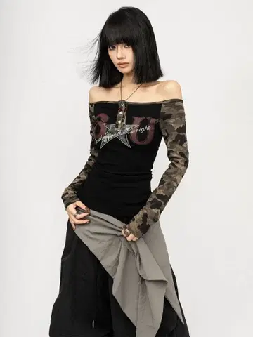 y2k 헤이세이 갸루 패치워크 티셔츠 오프숄더 카모 패턴 긴팔T셔츠