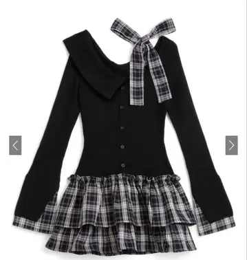 체크 무늬 도킹 원 숄더 리본 프릴 니트 원피스[pm785]