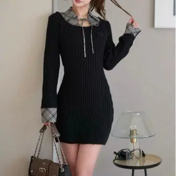 다리치 레이어드라이크 니트 미니 원피스 옷깃 가슴 부분 리본