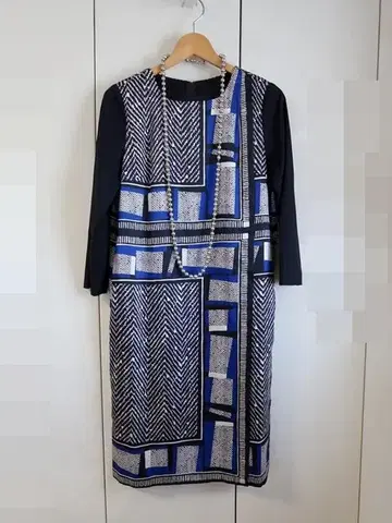 미사용 밀라 쇤 패널 프린트 원피스/새틴 블루 계열 40 사이즈