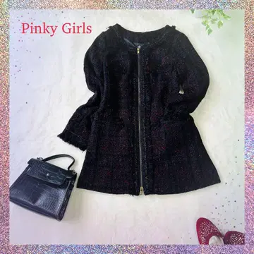 Pinky Girls 트위드 집업 자켓/코트 블랙 핑크 S