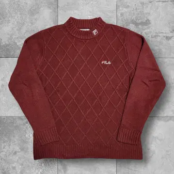 FILA 다이아 무늬 니트 스웨터 L 사이즈 오렌지 계열 자수 로고