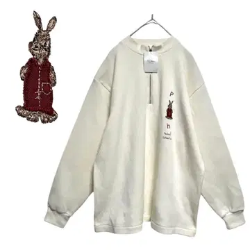 [ 새상품 미사용 ] 니트 토끼 자수 집업 코튼 화이트 XL