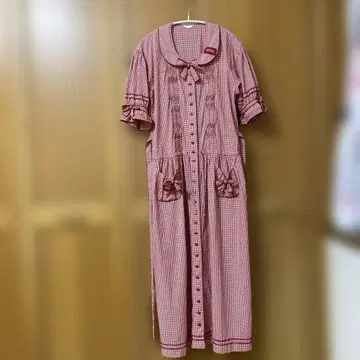 핑크하우스 반팔 롱 원피스 레드 화이트 깅엄 체크