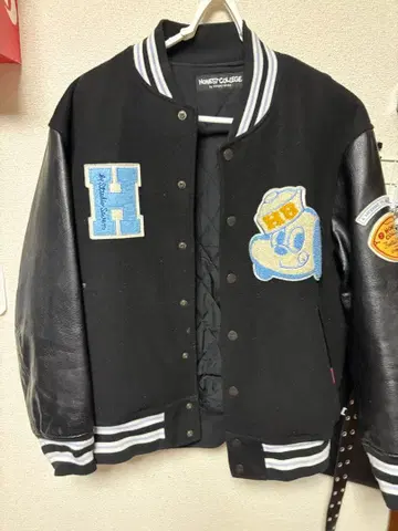 바시티 자켓 블랙 울 가죽