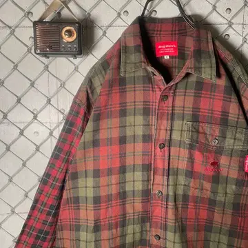 플란넬 셔츠 소매 절개 와이드 사이즈 원포인트 로고 자수 L 사이즈