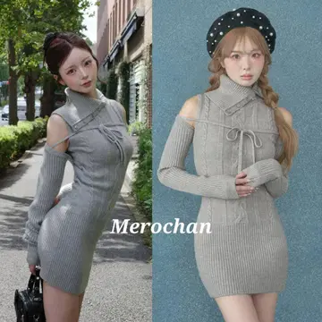 다리치 디자인 넥 니트 미니 원피스 [ F ]