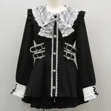 레이스 리본 옷깃 프릴 허리 하트 버클 셋업 4L