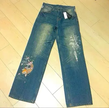 VILLASt 와이드 레그 데님 워시 가공 자수 일본풍 패턴 남은 1점