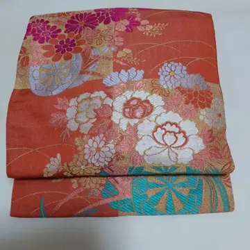 나고야 오비 꽃무늬 오렌지 계열 앤티크 순수 실크