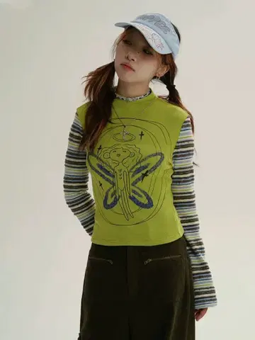 y2k 헤이세이 갸루 그린 긴팔 T셔츠 천사 패턴 패치워크 티셔츠 00s