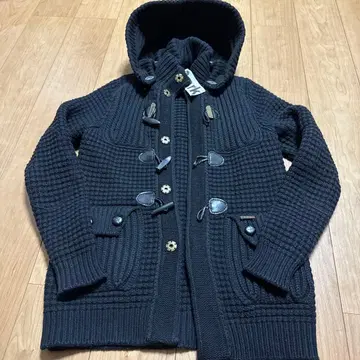 블랙 니트 더플 코트 후드 부착