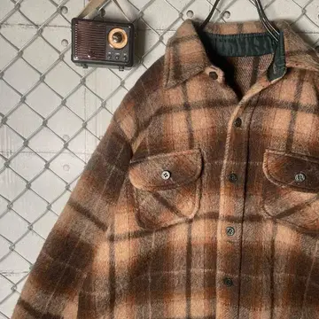울 셔츠 체크 무늬 두툼 브라운 계열 M 사이즈