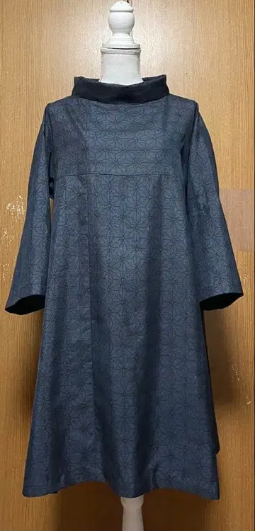 기모노 리메이크 린넨 아사노하 패턴 오시마 A라인 튜닉 원피스 롤 칼라