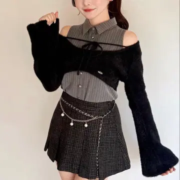 NOMAE 셔츠 레이어드 샤기 니트