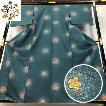 MK-1772 코몬 워셔블 기모노 장미 꽃 무늬 짙은 녹색 크레이프 원단