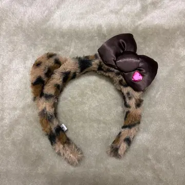 레오파드 무늬 퍼 리본 머리띠 키티
