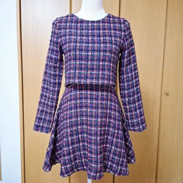 트위드 라메 믹스 REFILL 체크 무늬 멀티 컬러 미니 원피스 긴팔