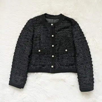 스트로베리 필드 트위드 노카라 자켓 가디건 펄 버튼
