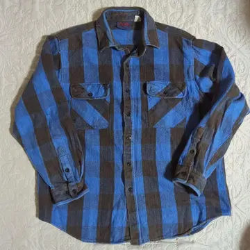 90s DAKOTA 헤비 플란넬 셔츠 파랑 블랙 체크 빈티지 L 면