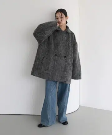 샤기 미들 코트 샤기 코트 피 코트 그레이 hellam