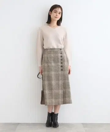 인디비 [세탁 가능/울 느낌] 체크 무늬 랩 스타일 스커트