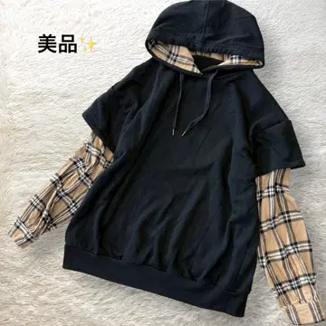 새상품급 슈 레이어드 스타일 후드티 레이어드 백 디자인 체크 무늬 블랙