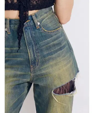 EVRIS 사이드 커팅 레이스 와이드 데님