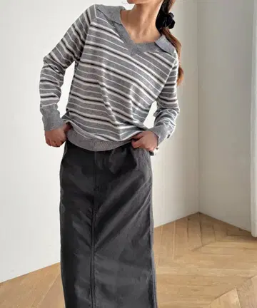 새상품 CANAL JEAN El mar 카라 부착 보더 니트 그레이