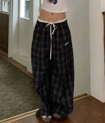 원 포인트 더블 허리 체크 와이드 팬츠 허리 프릴