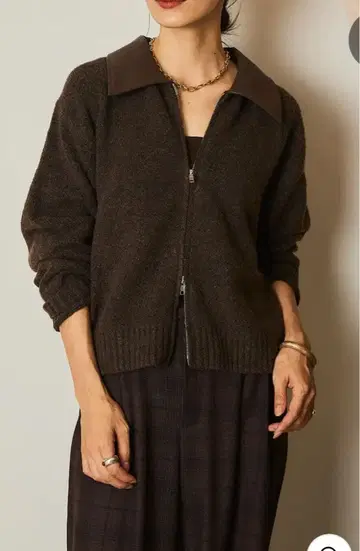 멜란지 스트레치 인조 가죽 카라 니트 블루종 가디건/esica 같은 형태