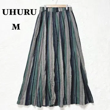 우후르 롱 스커트 플레어 M 스트라이프 패턴 허리밴딩 손세탁 그린