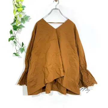 미라 오웬 자수 볼륨 슬리브 블라우스 F 테라코타 V넥