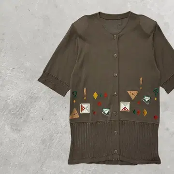 브라운 자수 니트 가디건 반팔 레트로 빈티지 여성용 개성파