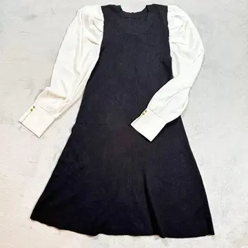 비자비 도킹 니트 원피스 퍼프 슬리브 블랙/화이트 M