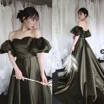 드레스 프로덕션 올리브 그린 오프숄더 롱 드레스